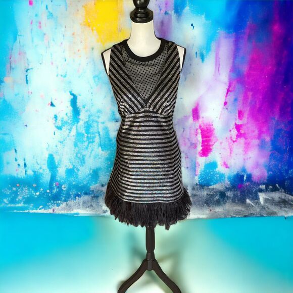 NANETTE LEPORE Revolve Silver Black Stripe Metallic Flapper Dress 10 L Couture - Picture 1 of 14